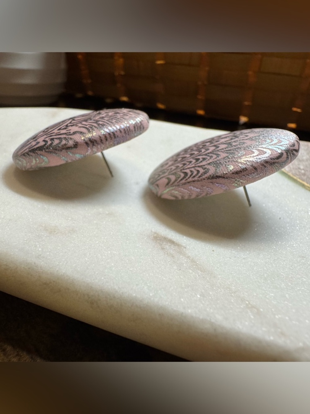 Vintage Pink & Silver Marbled Button Earrings – Retro Statement Studs - Picture 2 of 6